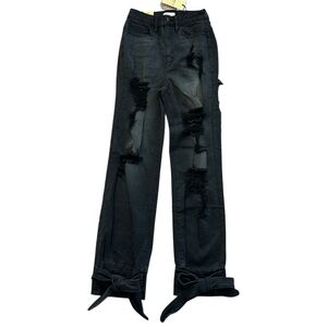 Loverly Fit Black Distressed High Rise Tie Cuff Denim Jeans NWT Size 9